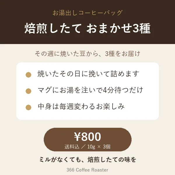 【新商品】焙煎したて おまかせ3種 お湯出しコーヒーバッグ（10g×3個／送料込）