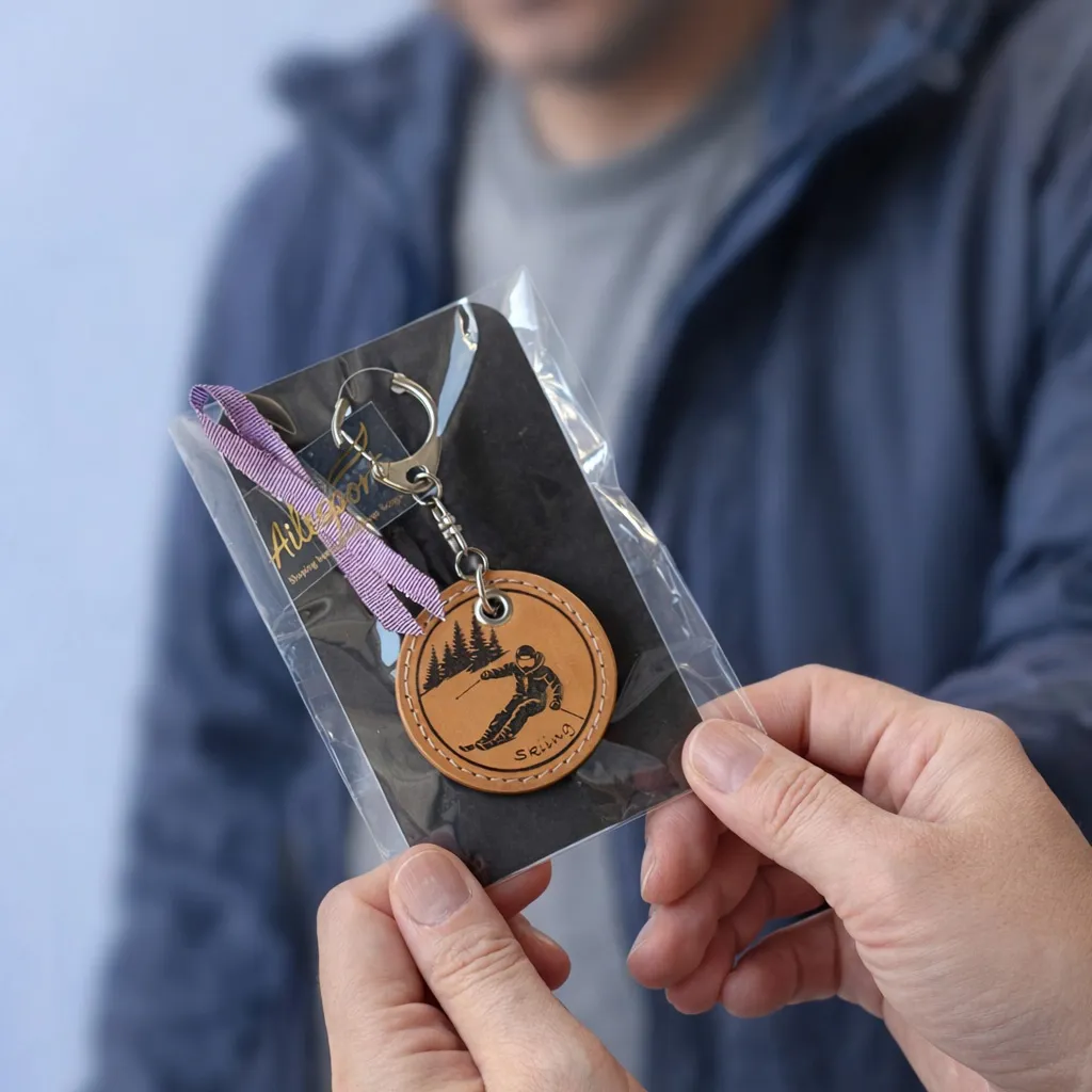 スキーを愛する人への、名入れ本革キーホルダー｜イタリアンレザー｜送料無料