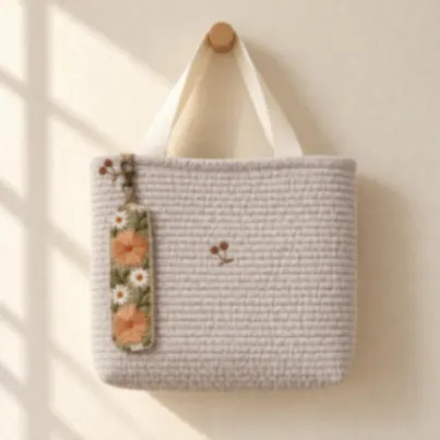 さくらんぼ刺繍のヌビトート〈横ライン〉チャーム付き