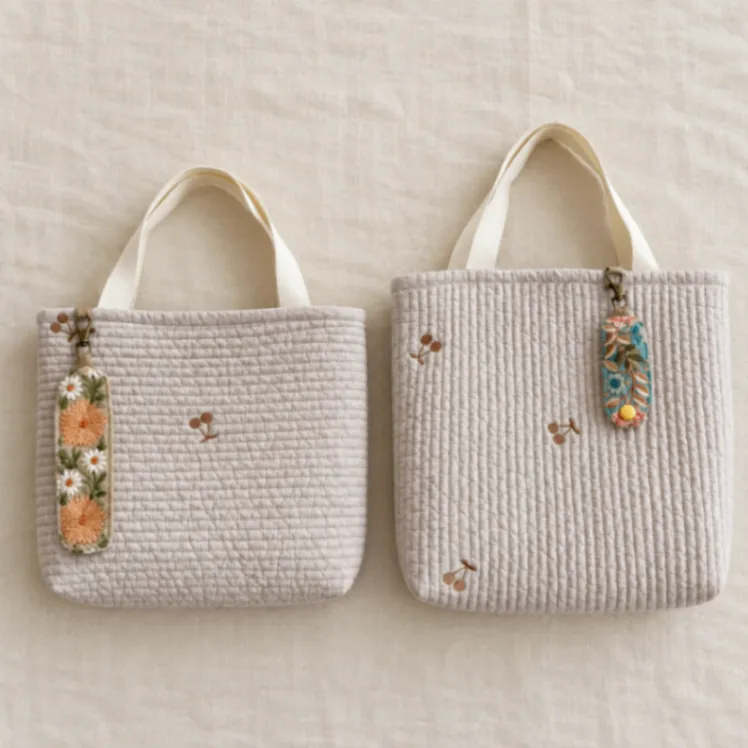 さくらんぼ刺繍のヌビトート〈縦ライン〉チャーム付き
