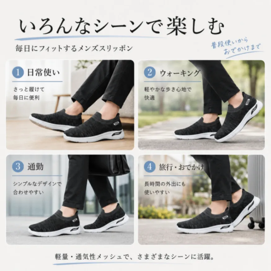 スリッポン スニーカー メンズ 25.0cm 黒 ニット 軽量 ウォーキング 靴