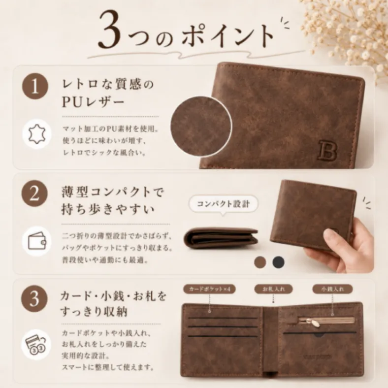 二つ折り財布 メンズ ブラック 黒色 薄型 コンパクト 小銭入れ 横型 PU