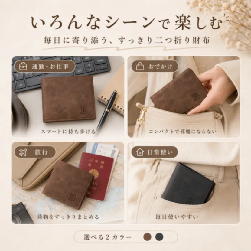 二つ折り財布 メンズ ブラック 黒色 薄型 コンパクト 小銭入れ 横型 PU