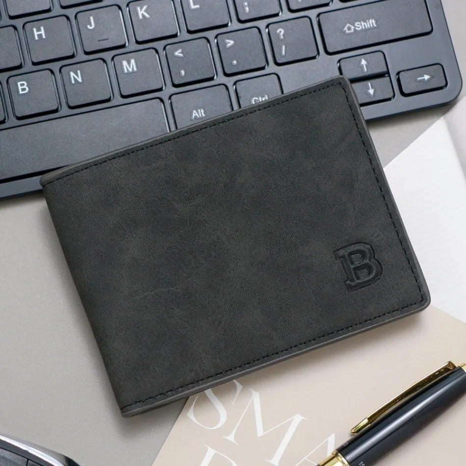 二つ折り財布 メンズ ブラック 黒色 薄型 コンパクト 小銭入れ 横型 PU