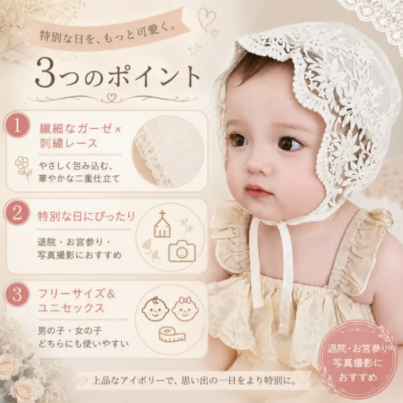 ベビーボンネット ホワイト セレモニー 帽子 新生児 お宮参り 退院 レース
