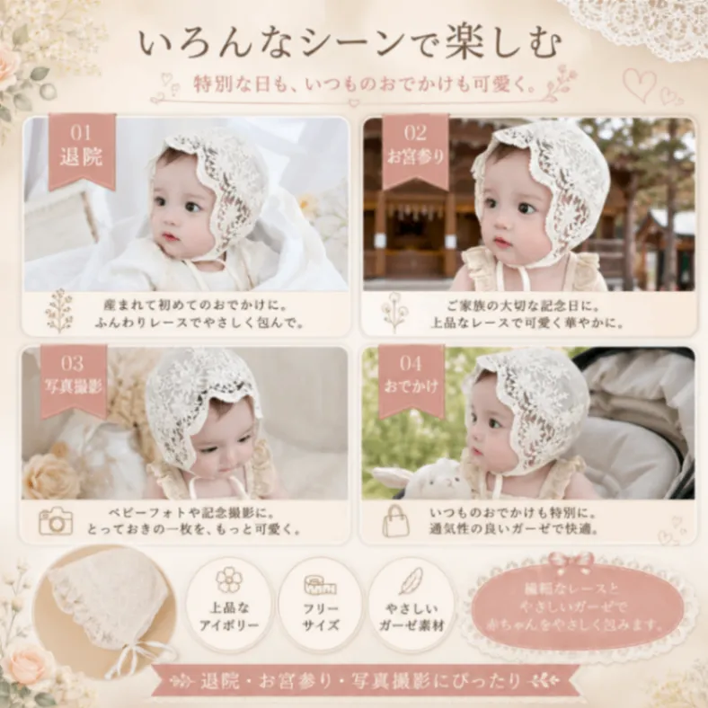 ベビーボンネット ホワイト セレモニー 帽子 新生児 お宮参り 退院 レース