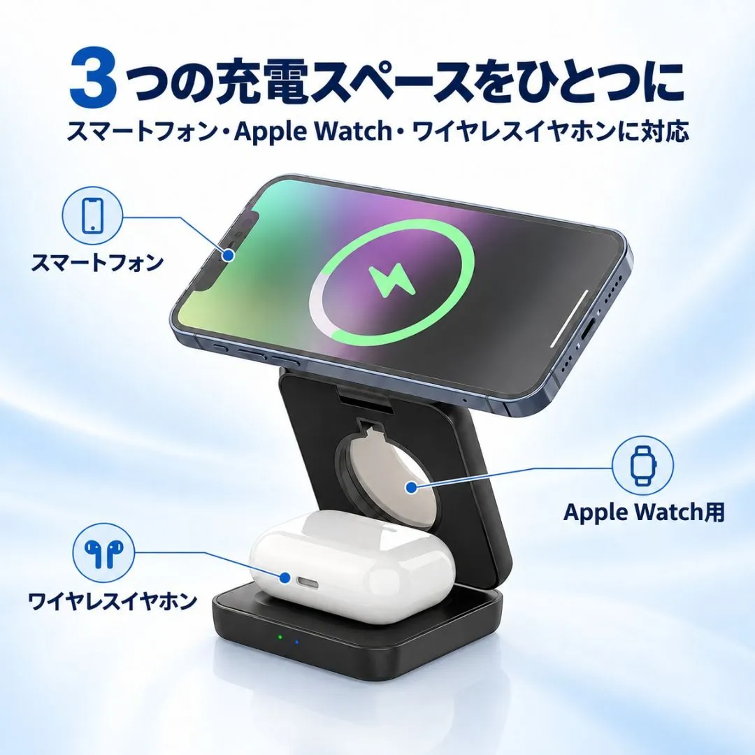 折り畳み式 3in1 ワイヤレス充電器 MagSafe対応 マグネット 置くだけ充電 iPhone