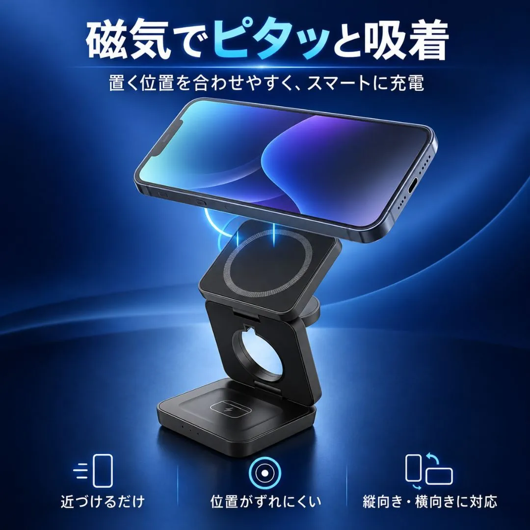 折り畳み式 3in1 ワイヤレス充電器 MagSafe対応 マグネット 置くだけ充電 iPhone