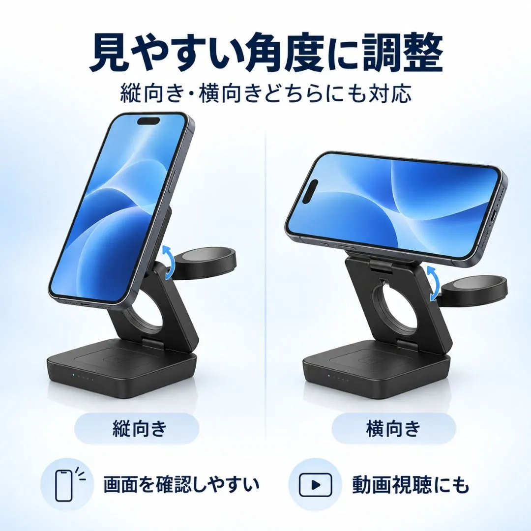 折り畳み式 3in1 ワイヤレス充電器 MagSafe対応 マグネット 置くだけ充電 iPhone