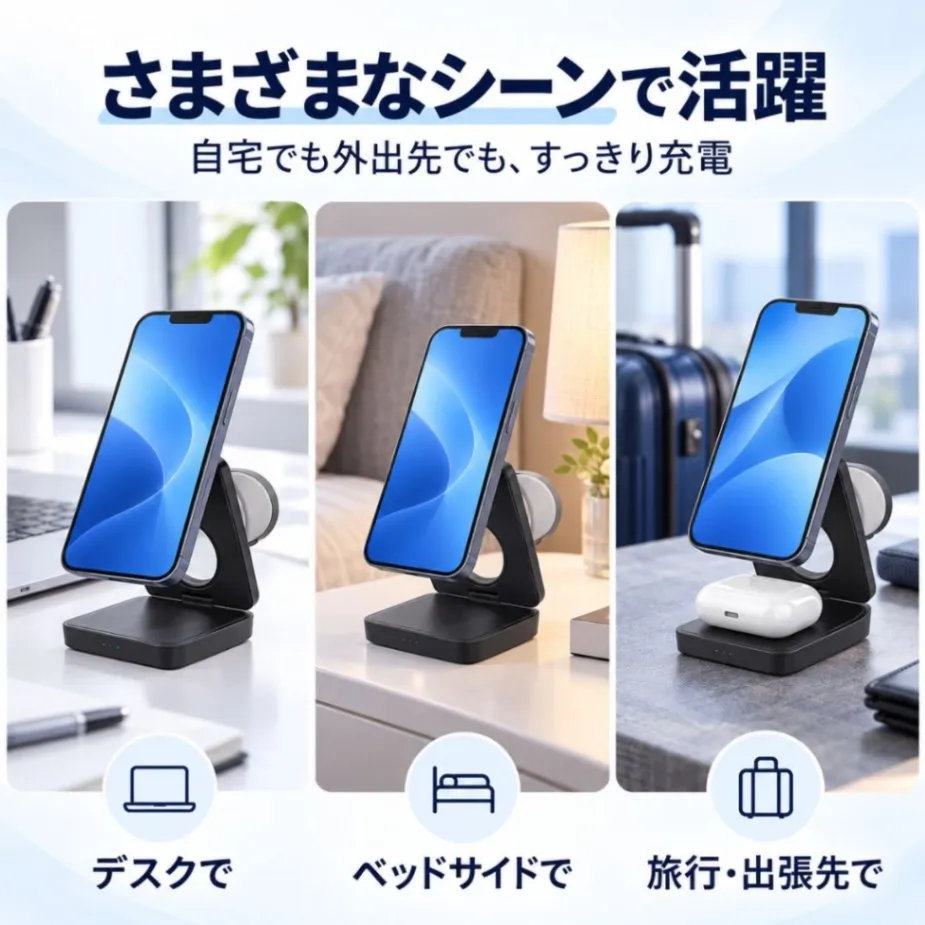 折り畳み式 3in1 ワイヤレス充電器 MagSafe対応 マグネット 置くだけ充電 iPhone