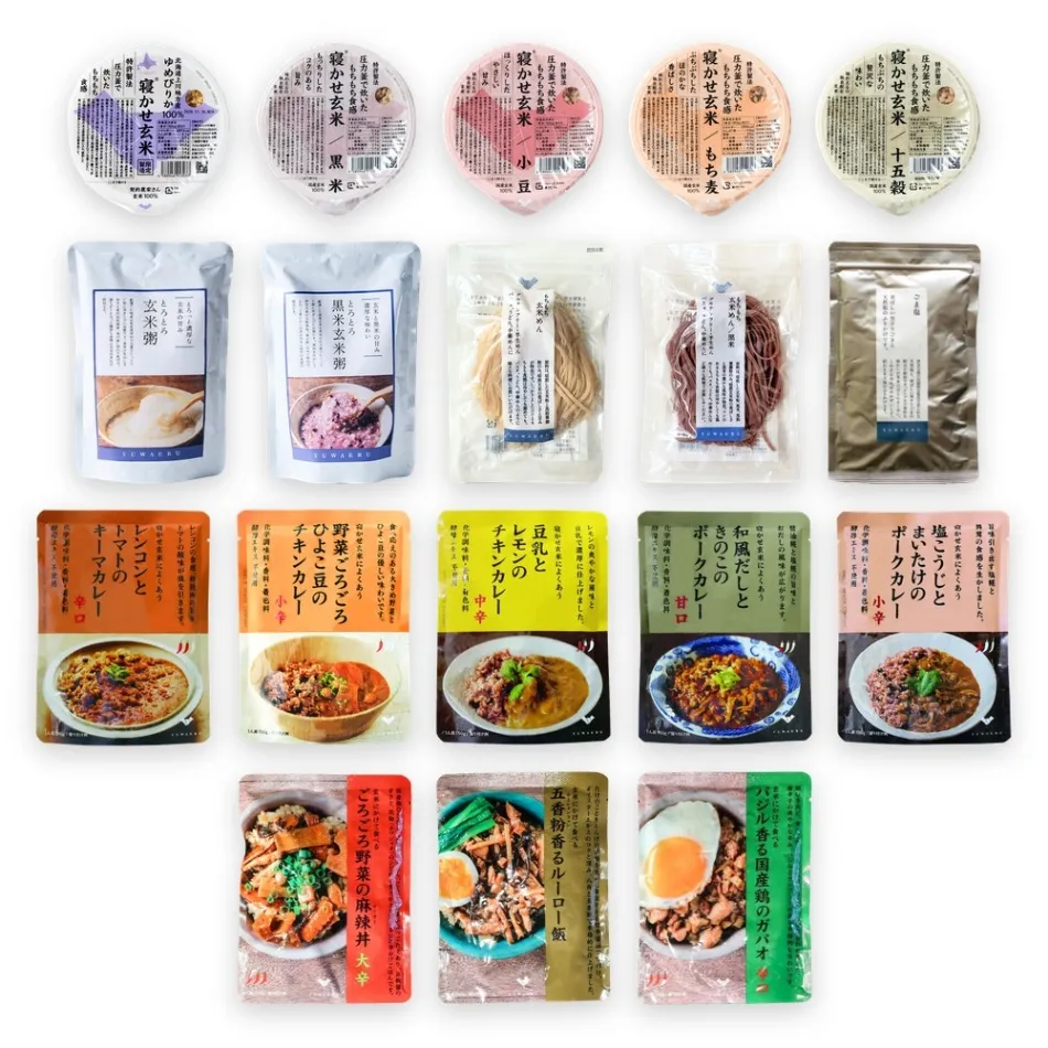 18点セット｜寝かせ玄米・とろとろ玄米粥・もちもち玄米めん・黒すりごま塩・無添加カレー・ごちそう丼