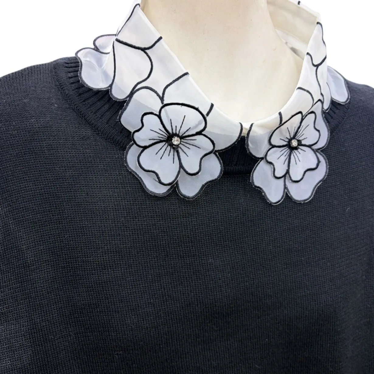シアー花柄刺繍 付け襟 ビジュー付き ホワイトオーガンジー刺繍フラワー衿 付け衿