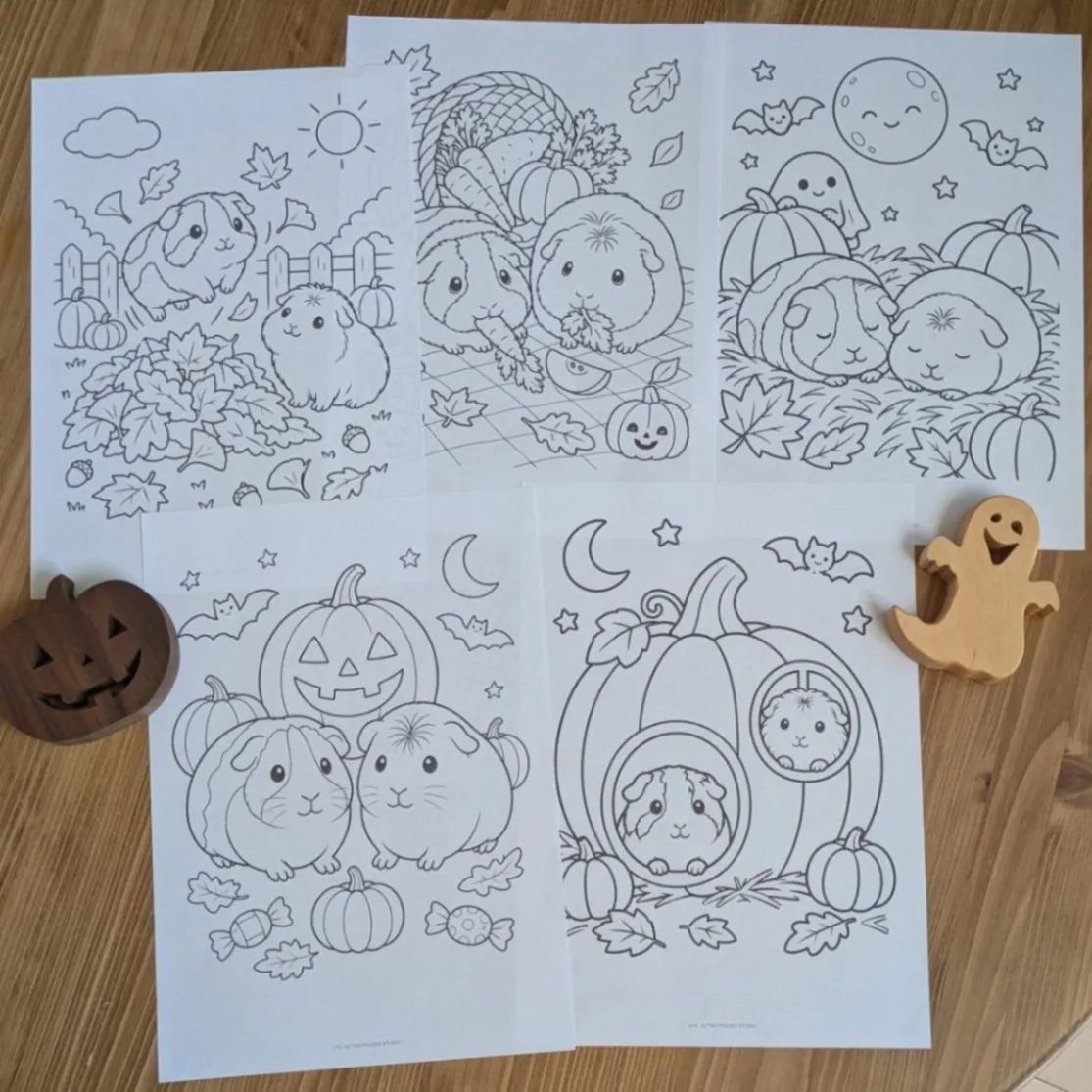 【印刷済み・送料込】ぬりえ10枚　モルモットのハロウィン（子ども向け＋大人向け）A4