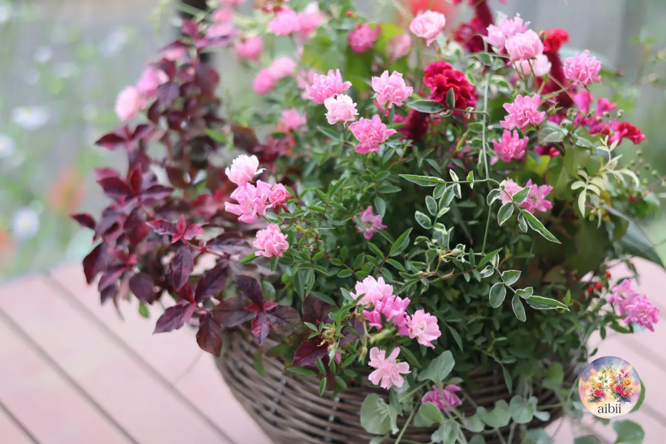 ミニバラ「ほほえみ」とケイトウの寄せ植えバスケット