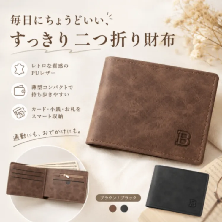 二つ折り財布 メンズ ブラウン 茶色 薄型 コンパクト 小銭入れ 横型 PU