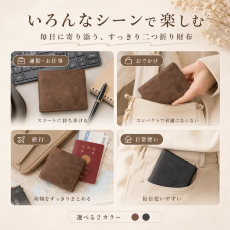 二つ折り財布 メンズ ブラウン 茶色 薄型 コンパクト 小銭入れ 横型 PU