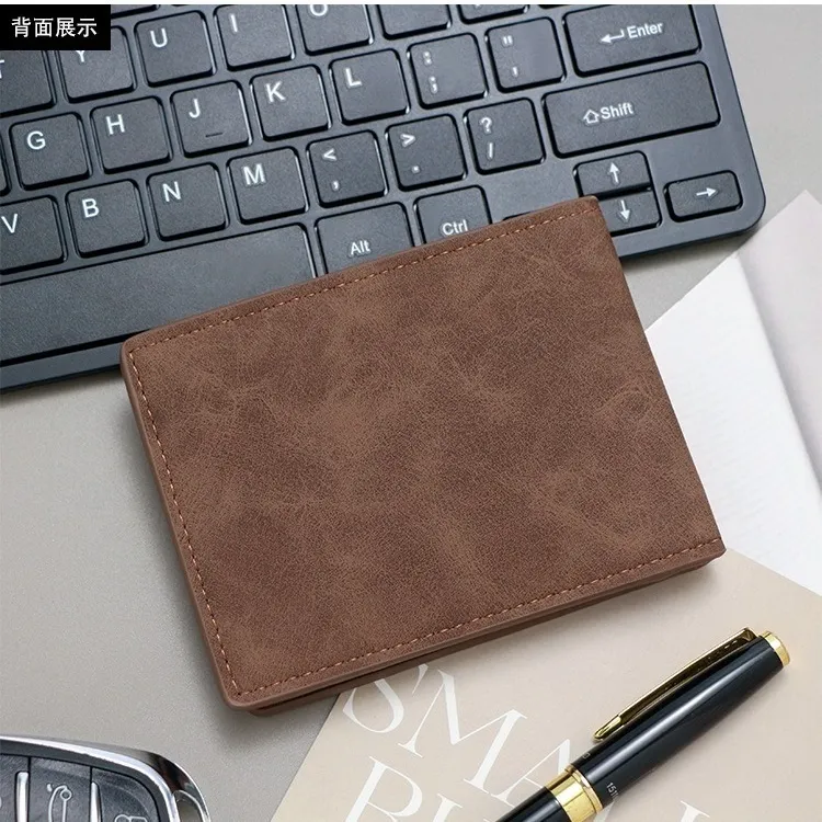 二つ折り財布 メンズ ブラウン 茶色 薄型 コンパクト 小銭入れ 横型 PU