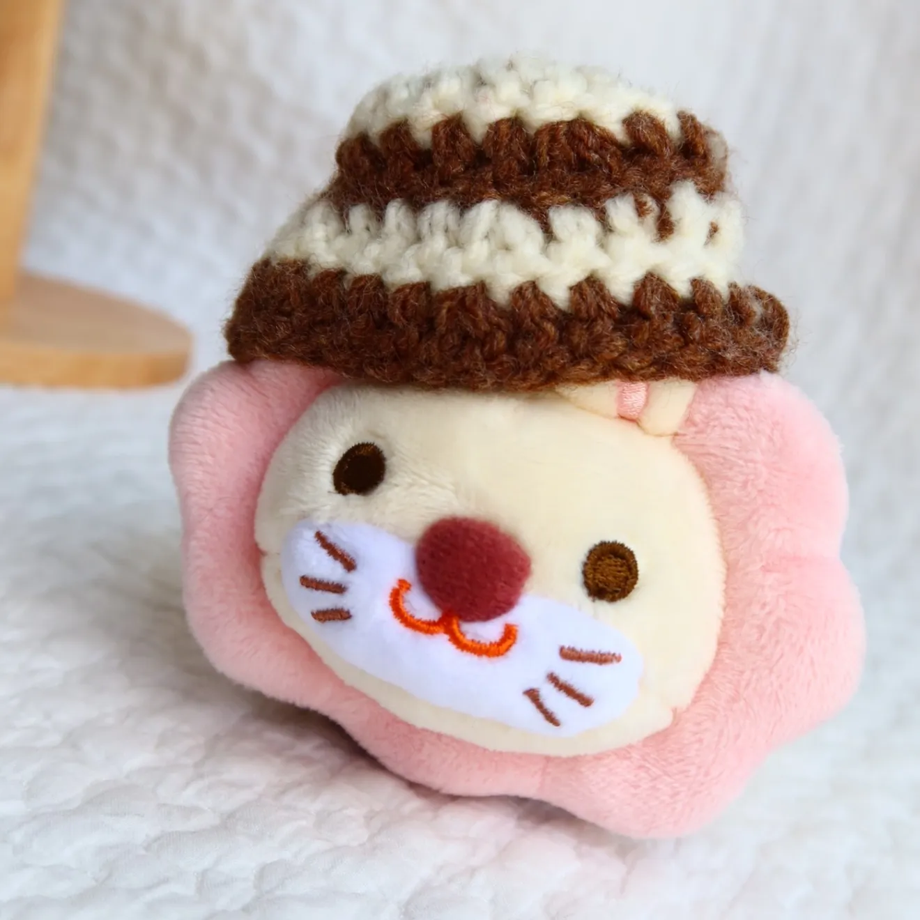 学長ぬいぐるみ用 手編み帽子（茶×白ボーダー）冬対策/ギフト/オフ会/ポイント活用