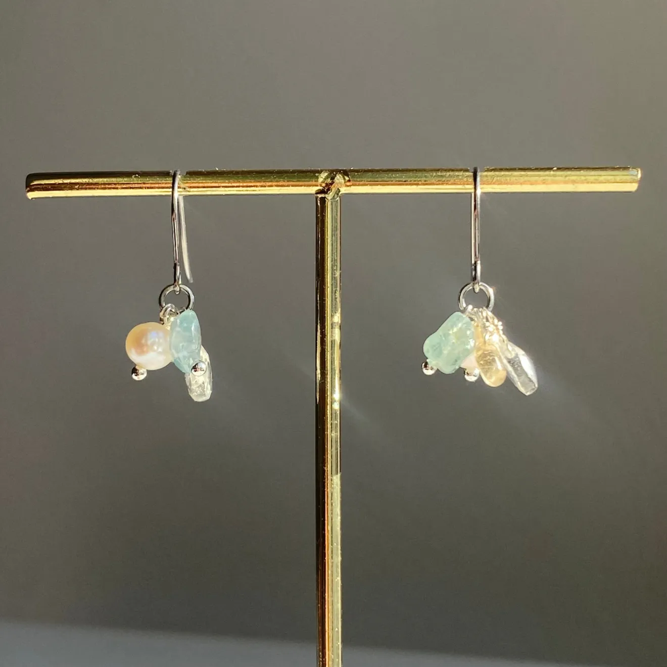 L29 アパタイト・水晶・シトリン・淡水パール｜金色の雨音｜イヤリング・ピアス