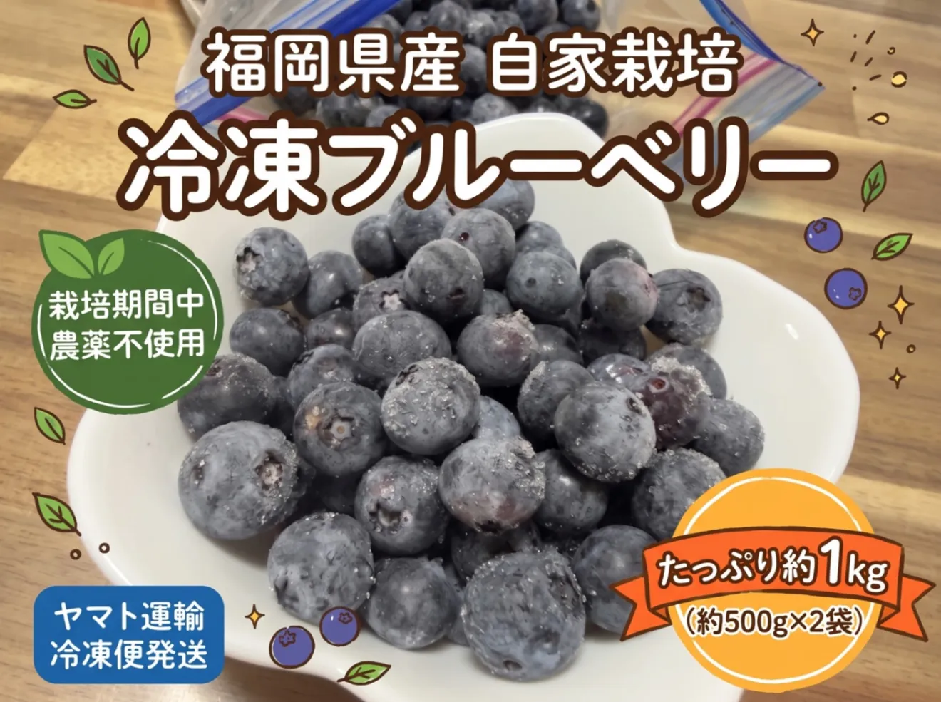 【福岡県産】自家栽培 冷凍ブルーベリー 約1kg（約500g×2袋）栽培期間中 農薬不使用