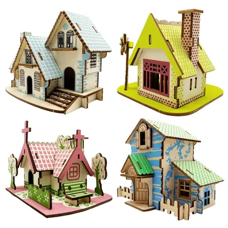 立体パズル家 ミニチュアハウス 工作キット 小学生 ウッドパズル 木製パズル 3dパズル 4種セット
