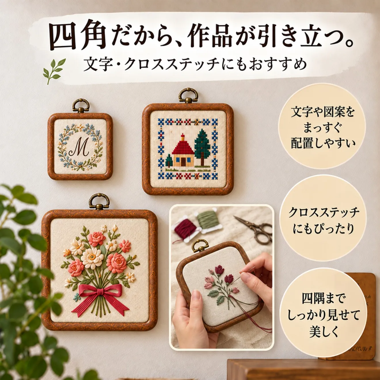 刺繍枠 四角 アンティーク調 木目調 額縁 フレーム 壁掛け ハンドメイド 手芸 道具 3個セット
