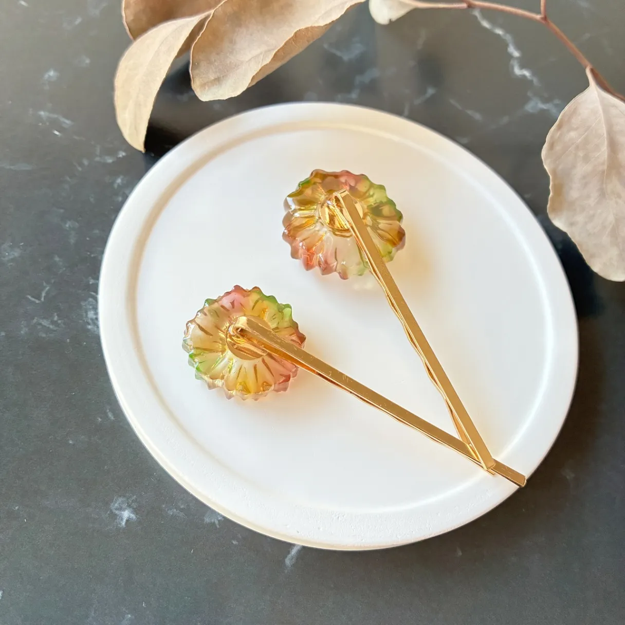 紅葉フラワーヘアピン 2本セット レジン 秋色 ブラウン