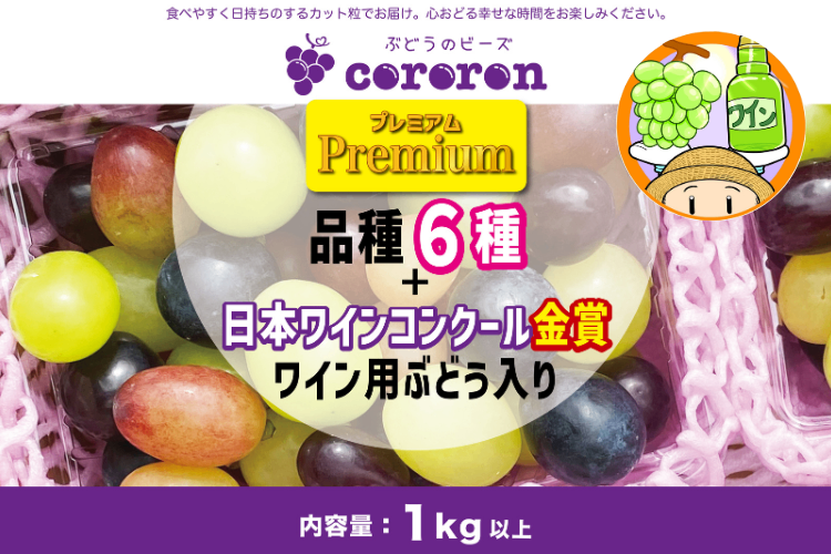 【限定プレミアムパック】皮も食べられる！種なしぶどう粒の詰め合わせ　品種６種１kg＋金賞ワインぶどう