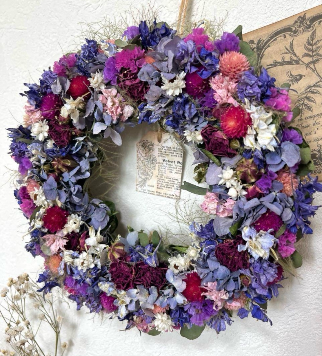 紫陽花と薔薇の爽やかドライフラワーリース 