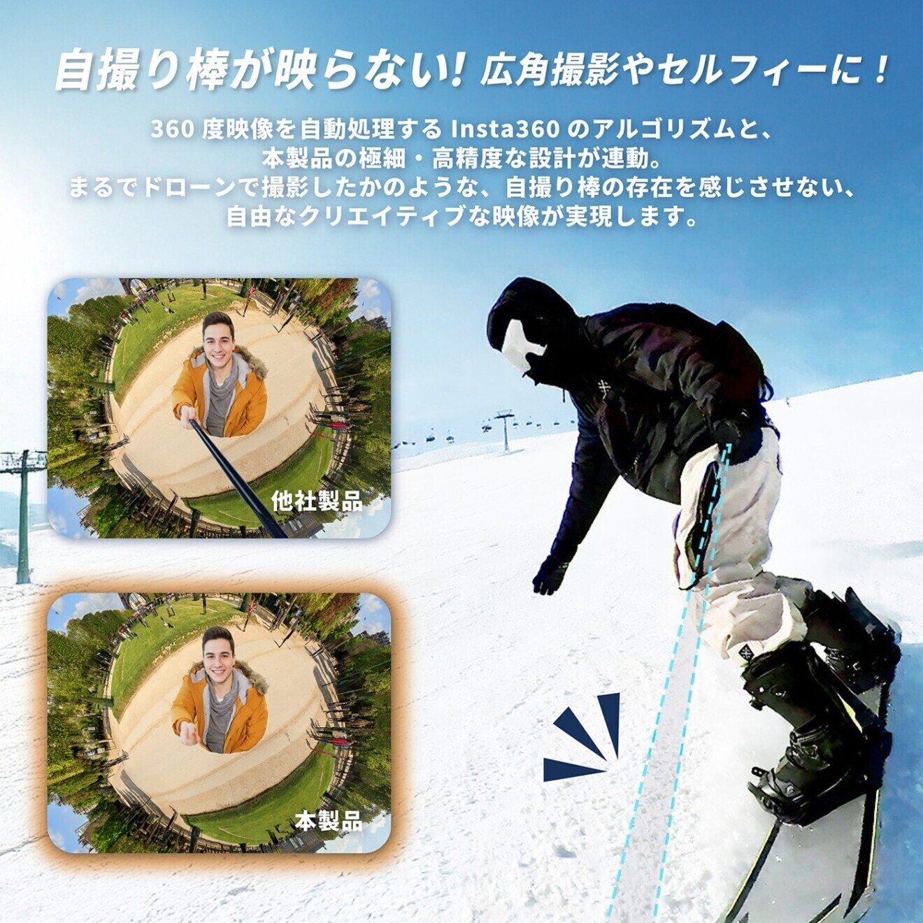 Insta360 見えない自撮り棒 セルカ棒 セルフィー 1/4インチネジ 22-116cm調節可