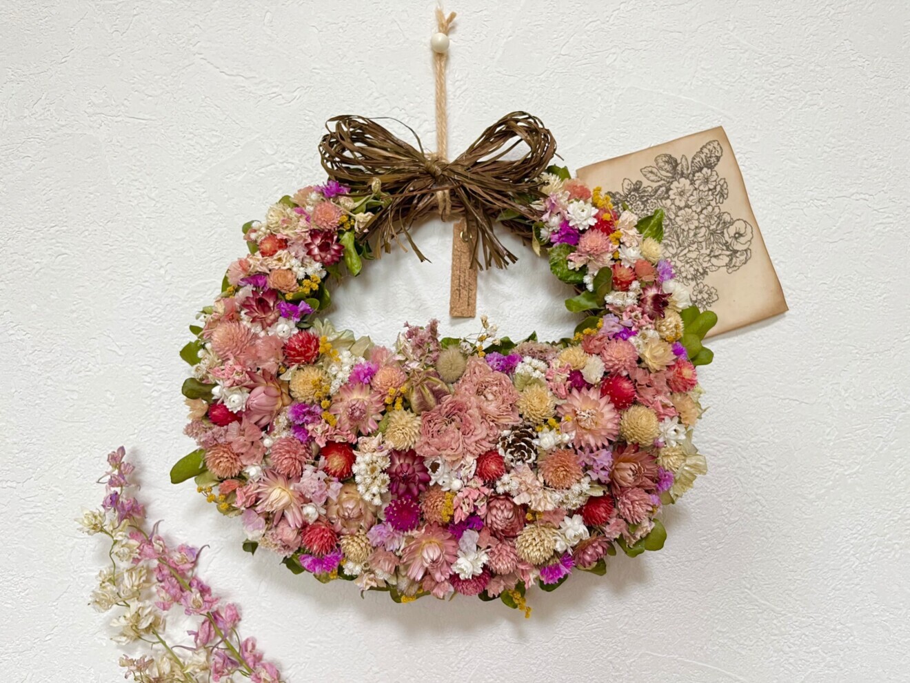 ナチュラルドライフラワー花かごリース☆ドライフラワーインテリア