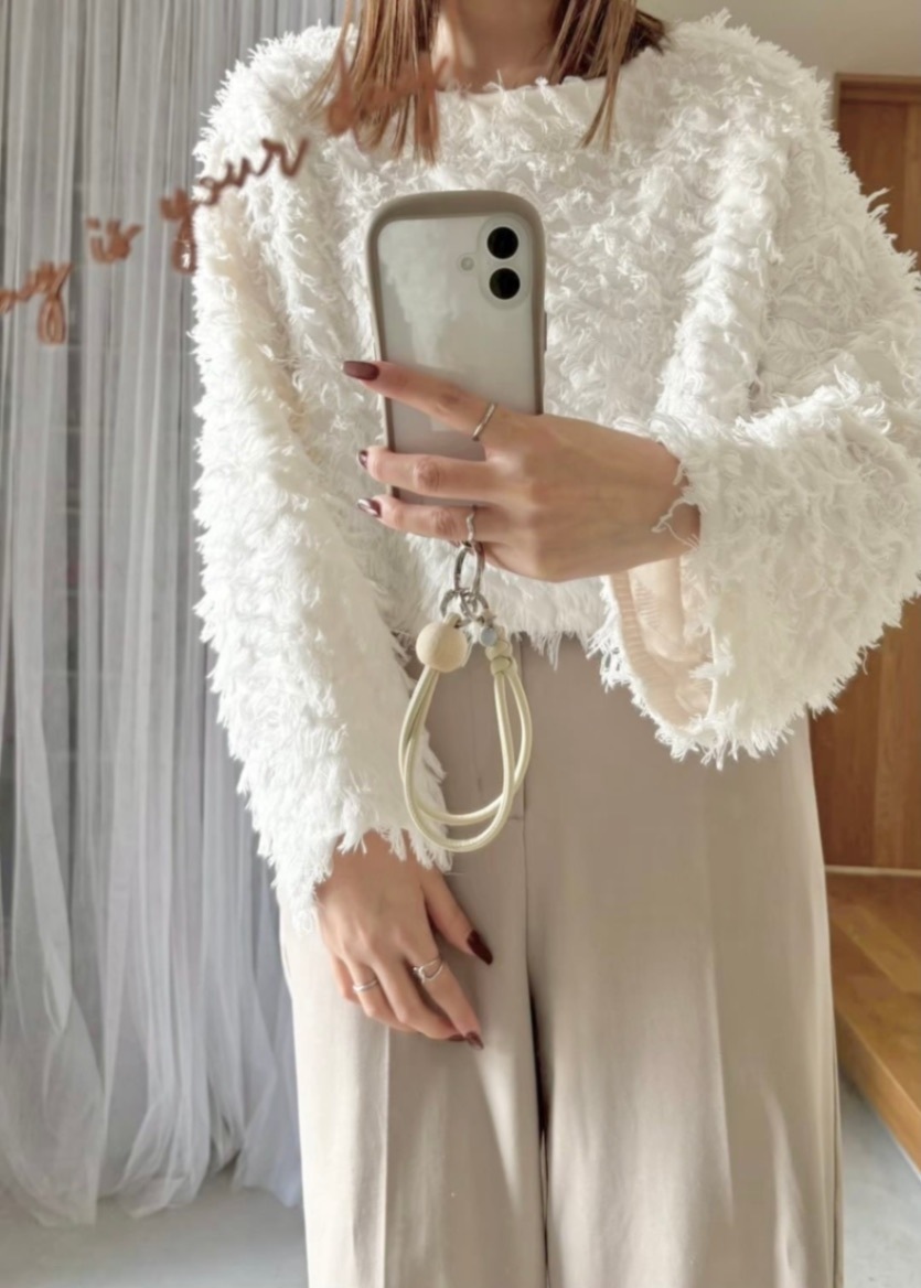 【アイボリー】スマホハンドストラップ　レザー　ウッド　携帯ストラップ