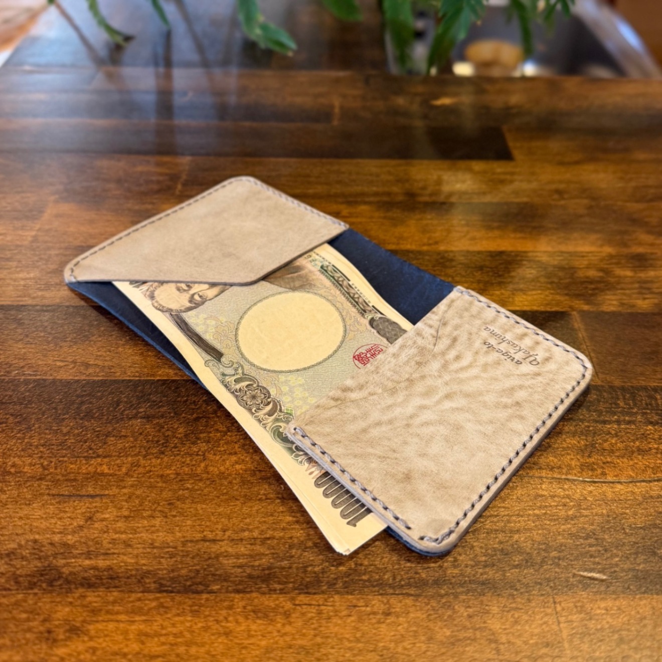 【蝦夷鹿革】家計管理Wallet／ブルー／学長仕様