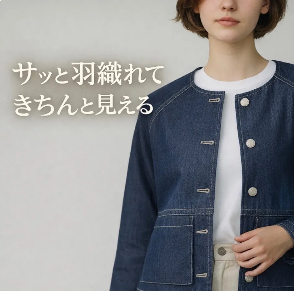 ノーカラー◆ソフトデニムジャケット◆ゴールド装飾ボタン◆綿100%◆Mサイズ　インディゴブルー