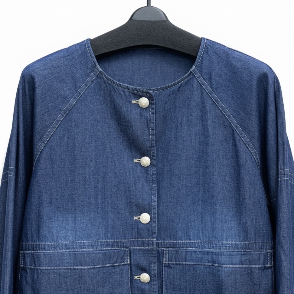 新品タグ付き◆ノーカラーデニムジャケット◆ゴールド装飾ボタン◆綿100%◆Mサイズ　インディゴブルー