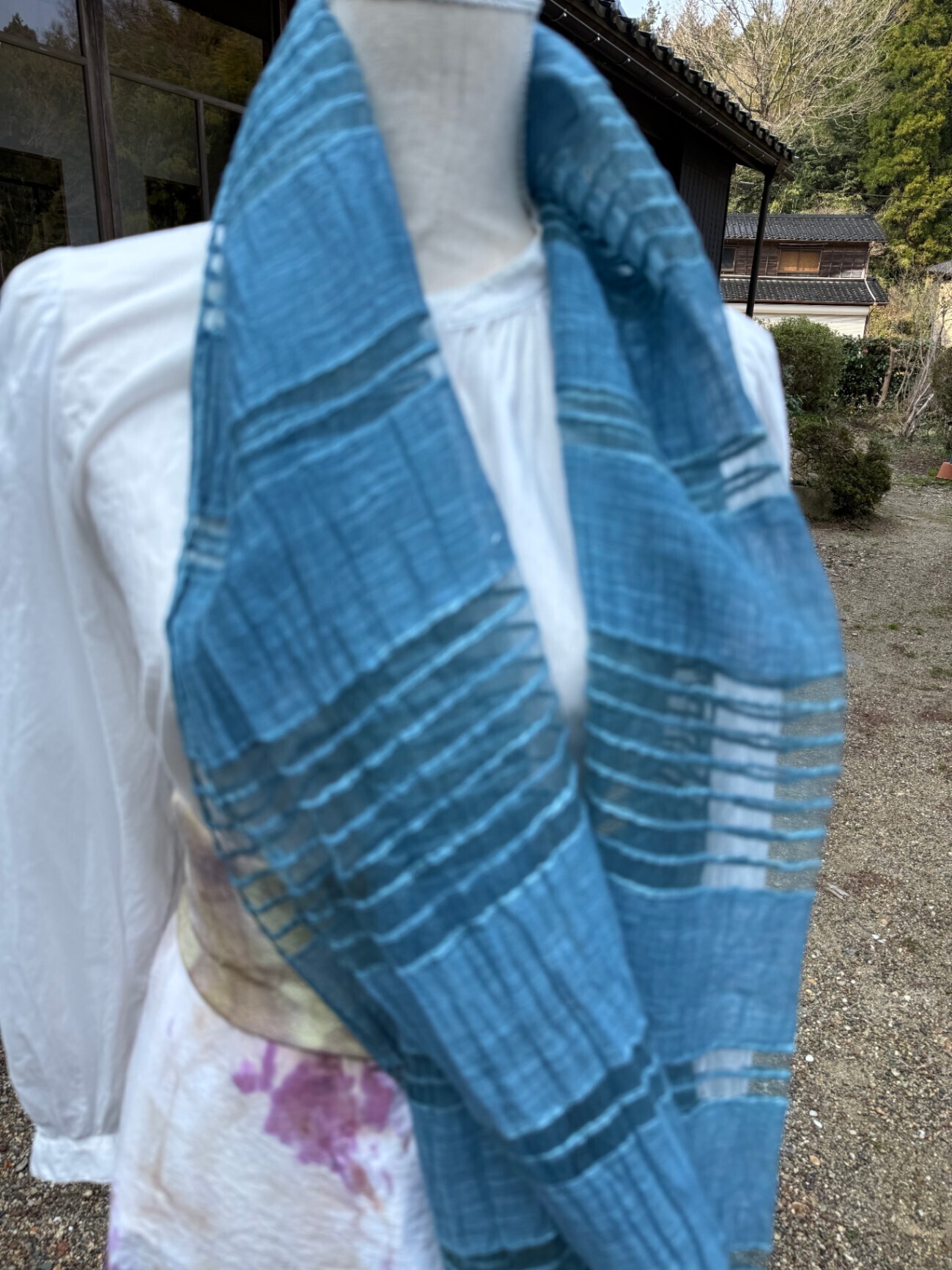 【手染め】藍染めストール シルク×コットン混 ／ 164×50cm ／ 一点もの