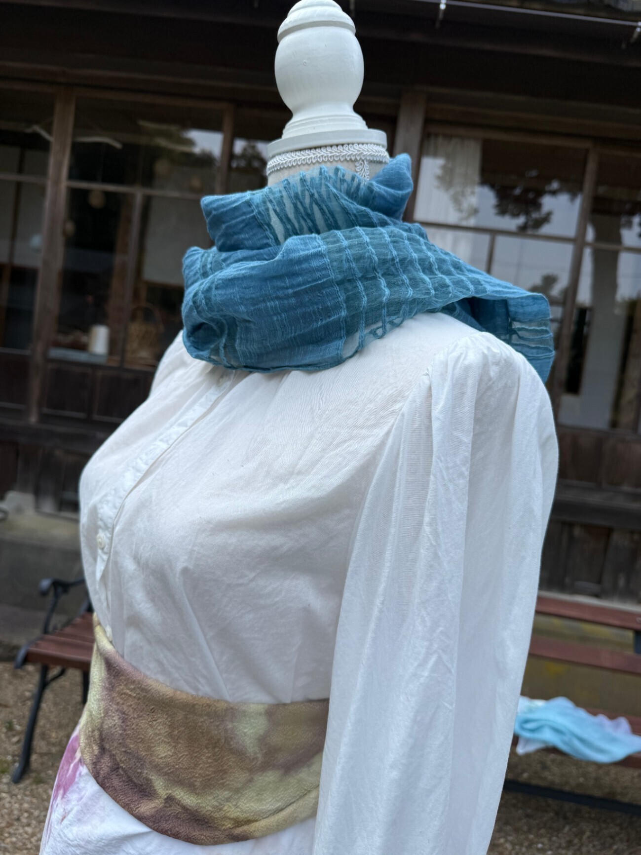 【手染め】藍染めストール シルク×コットン混 ／ 164×50cm ／ 一点もの