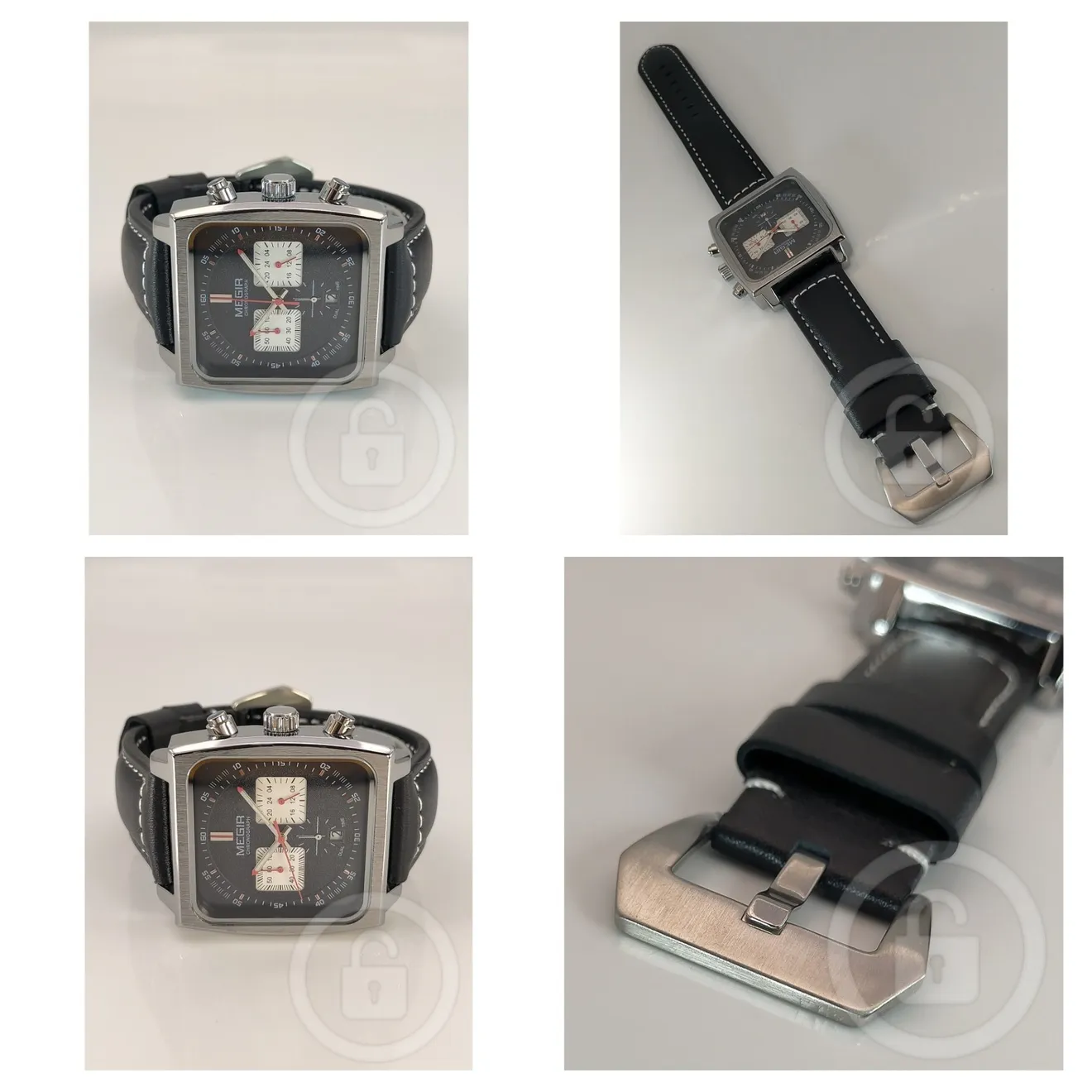 スクエアアビエイター【モノトーン仕様/新品】クロノグラフ 大型タングバックル装備