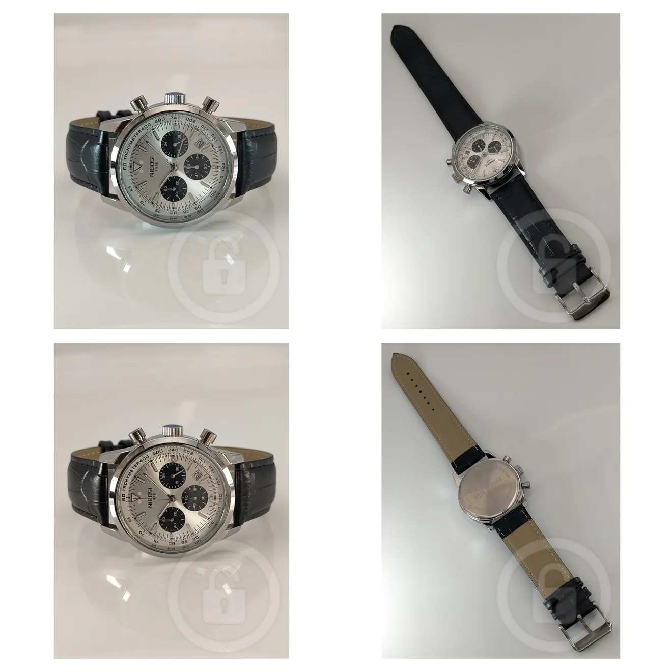 王道クロノグラフスタイル【パンダ文字盤/新品】24時間計 日付 ブラックレザー
