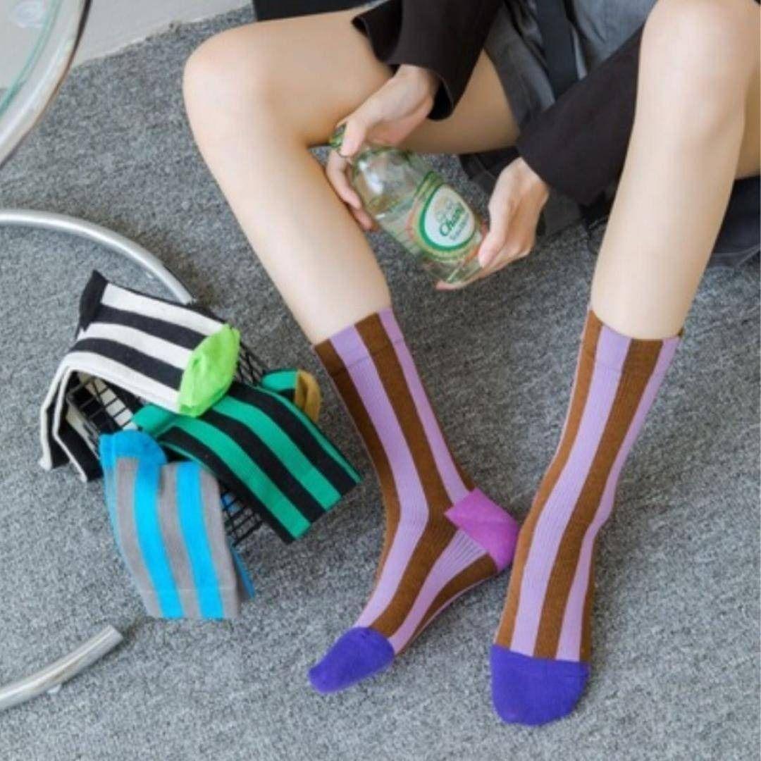 ★北欧柄ストライプソックス no.053★ 22〜25 パープル レディース 個性的 おしゃれ 靴下