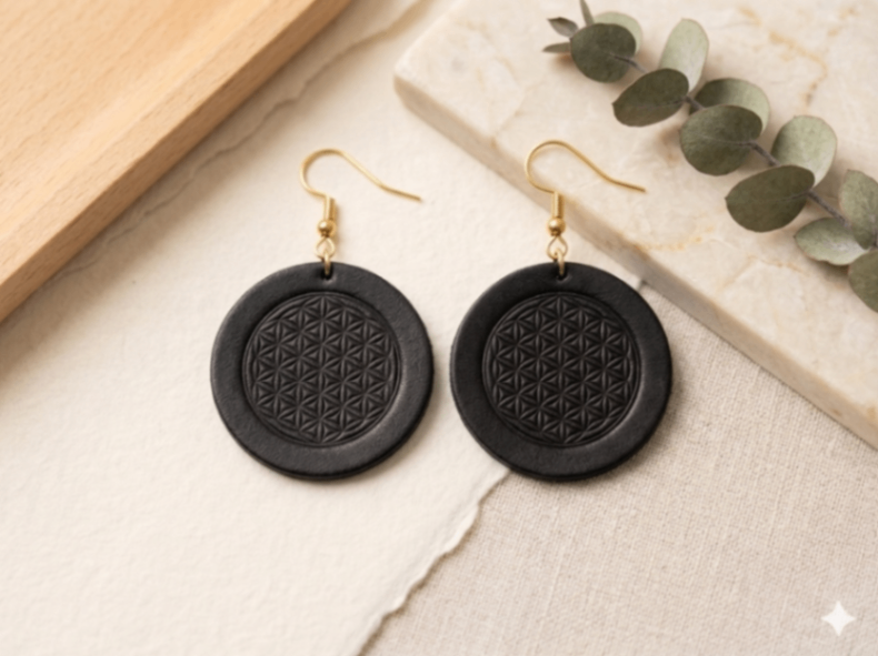 神聖幾何学×本革ピアス フラワーオブライフ ブラック｜Sacra