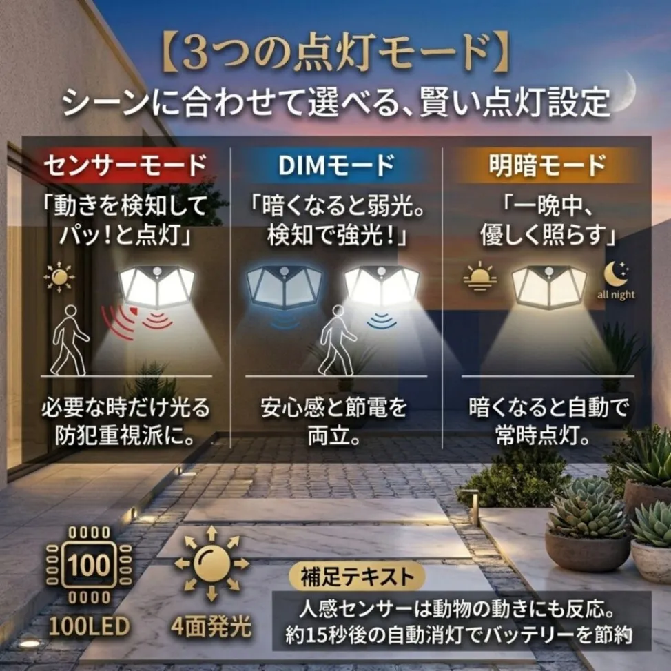 ソーラーライト ４個セット 人感センサー 屋外照明 防犯 防水 屋外 自動点灯 セキュリティライト