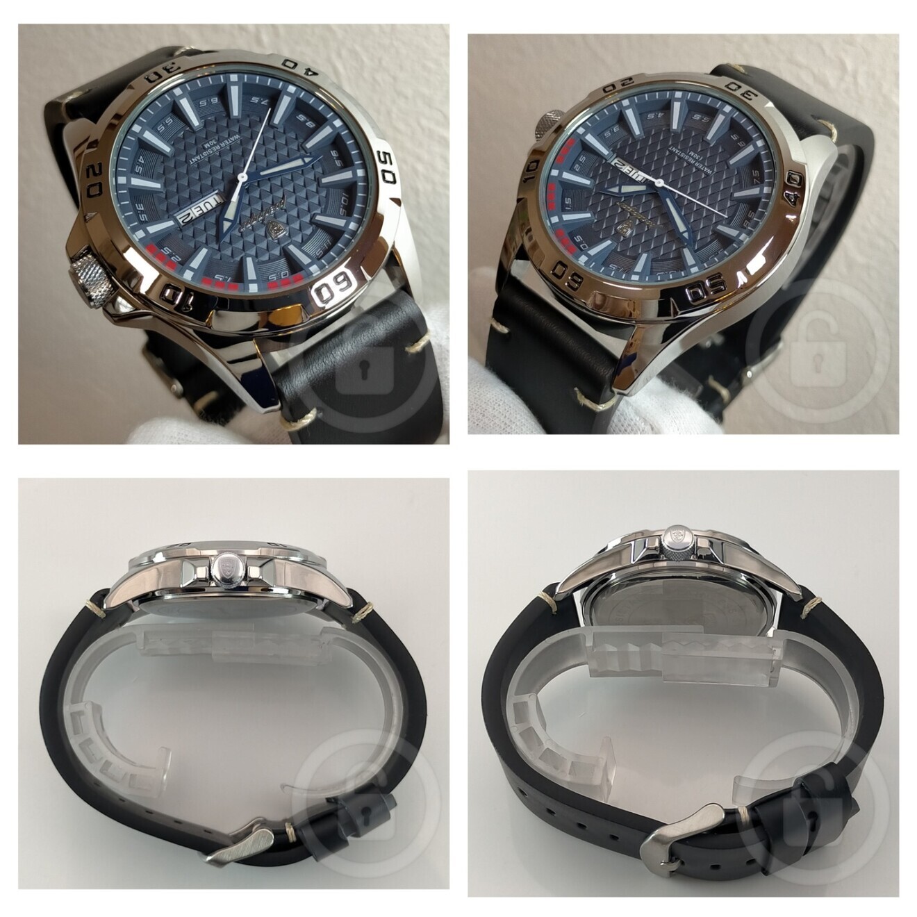 これぞ男の屈強スポーツウォッチ【３D文字盤×フルワイド仕様】肉厚ブラックレザー