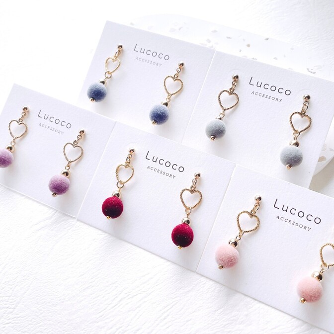 🤍ハート×フロッキーボール ピアス/イヤリング｜選べるカラー｜大人可愛い