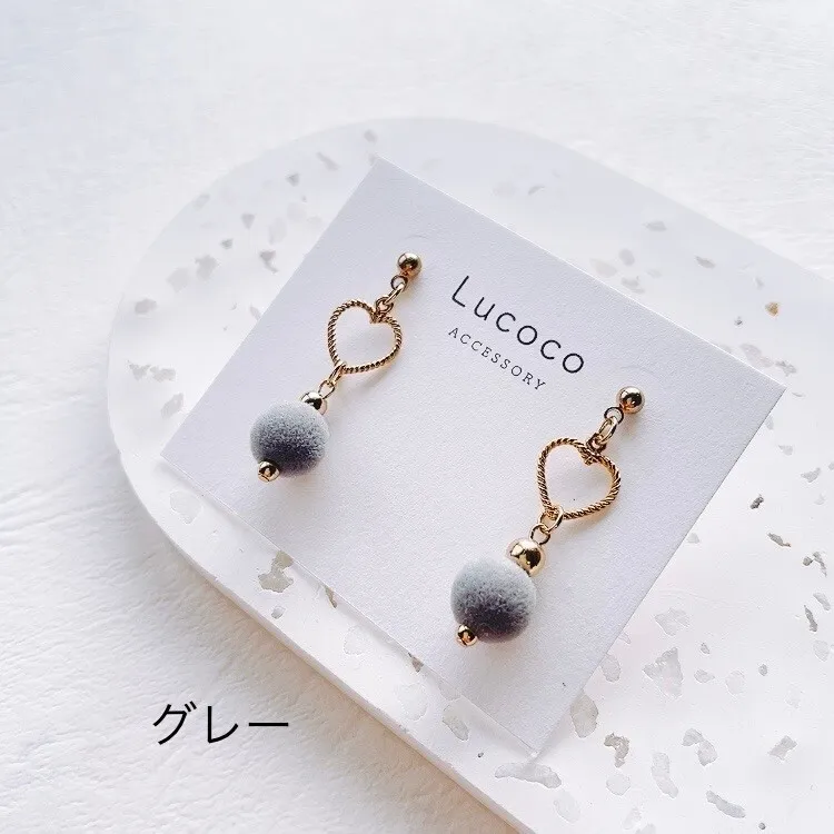 🤍ハート×フロッキーボール ピアス/イヤリング｜選べるカラー｜大人可愛い