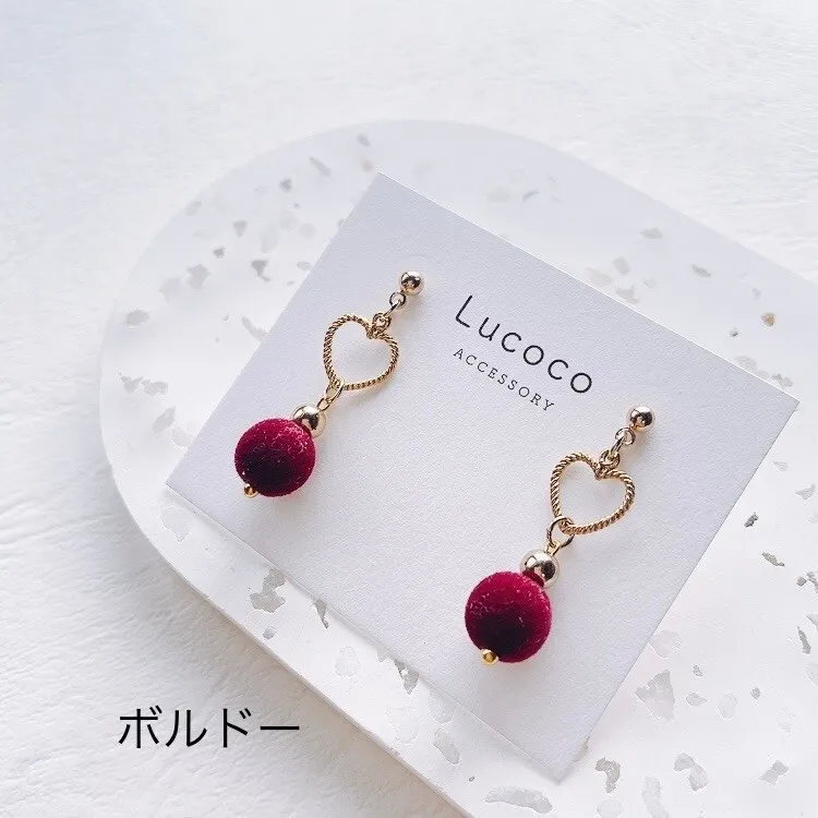 🤍ハート×フロッキーボール ピアス/イヤリング｜選べるカラー｜大人可愛い