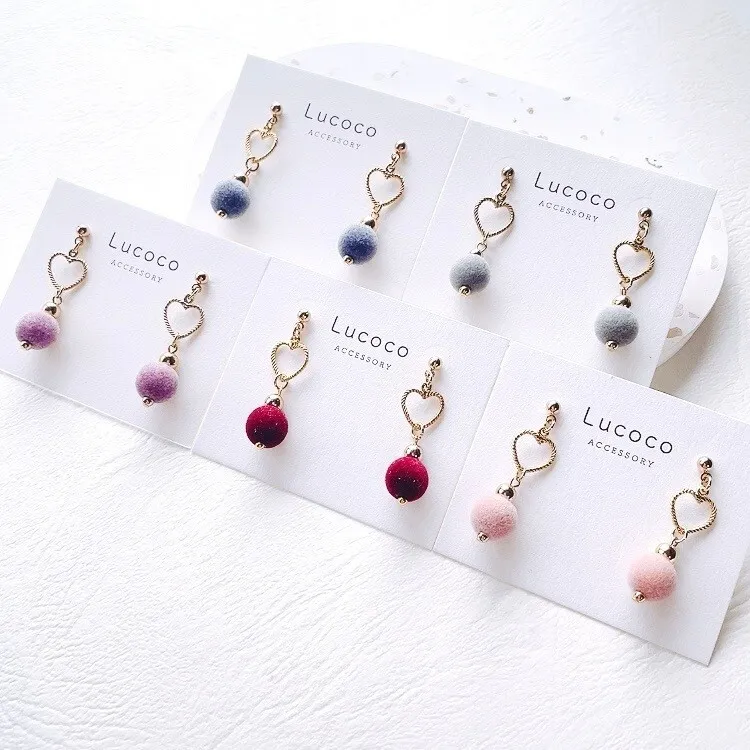 🤍ハート×フロッキーボール ピアス/イヤリング｜選べるカラー｜大人可愛い