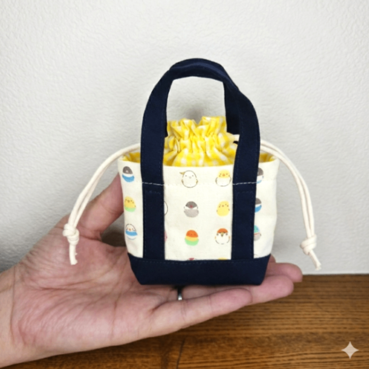 ことりじかん / ミニ巾着トートバッグ：ホワイト【はるもにあ】