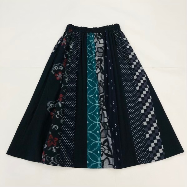 久留米絣　パッチワークスカート　黒系　L～LL