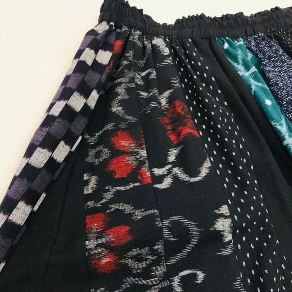 久留米絣　パッチワークスカート　黒系　L～LL